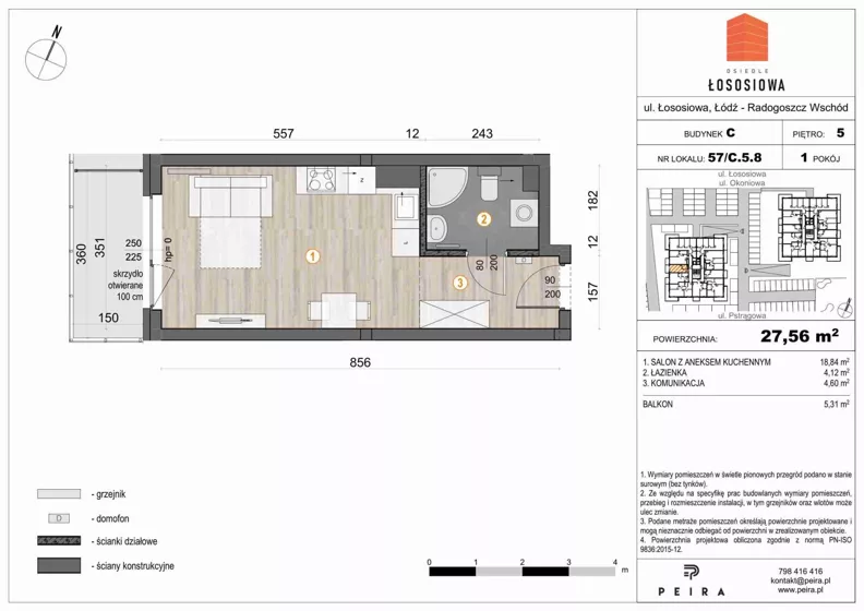 1 pokój, mieszkanie 27,73 m², piętro 5, oferta nr 57, Osiedle Łososiowa, Łódź, Bałuty, Radogoszcz, ul. Okoniowa 11-13
