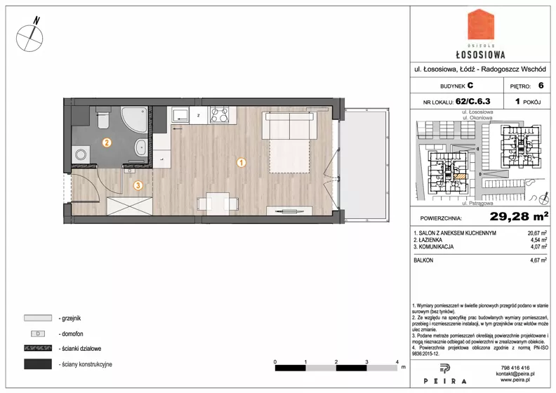 1 pokój, mieszkanie 29,28 m², piętro 6, oferta nr 62, Osiedle Łososiowa, Łódź, Bałuty, Radogoszcz, ul. Okoniowa 11-13