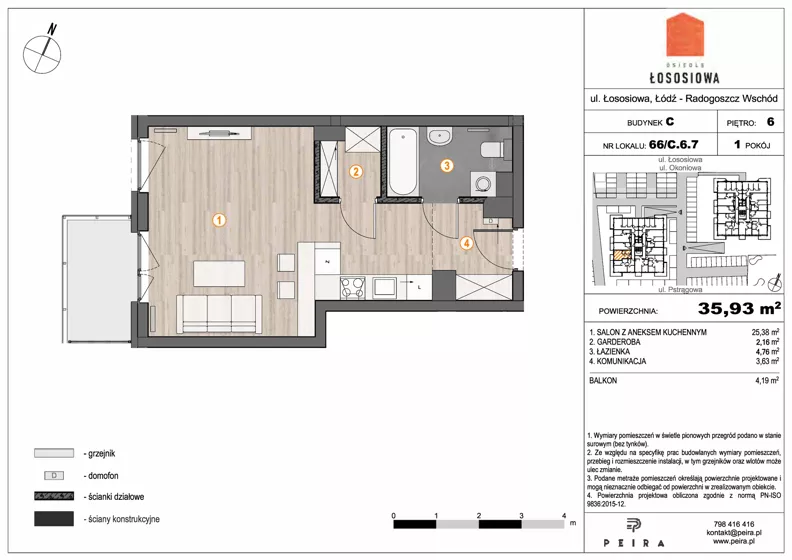 1 pokój, mieszkanie 35,93 m², piętro 6, oferta nr 66, Osiedle Łososiowa, Łódź, Bałuty, Radogoszcz, ul. Okoniowa 11-13