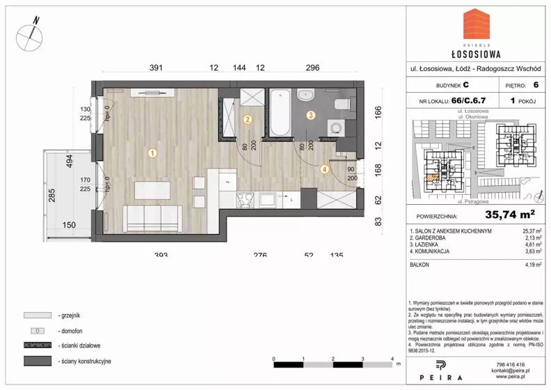 1 pokój, mieszkanie 35,93 m², piętro 6, oferta nr 66, Osiedle Łososiowa, Łódź, Bałuty, Radogoszcz, ul. Okoniowa 11-13