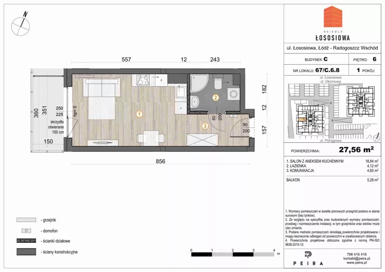 1 pokój, mieszkanie 27,76 m², piętro 6, oferta nr 67, Osiedle Łososiowa, Łódź, Bałuty, Radogoszcz, ul. Okoniowa 11-13
