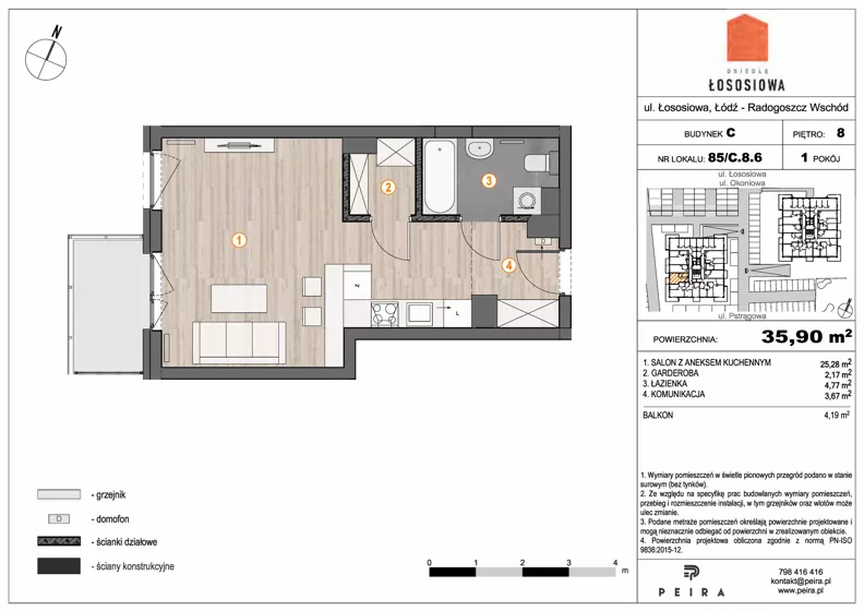 1 pokój, mieszkanie 35,90 m², piętro 8, oferta nr 85, Osiedle Łososiowa, Łódź, Bałuty, Radogoszcz, ul. Okoniowa 11-13