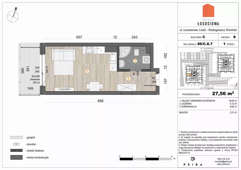 1 pokój, mieszkanie 27,78 m², piętro 8, oferta nr 86, Osiedle Łososiowa, Łódź, Bałuty, Radogoszcz, ul. Okoniowa 11-13