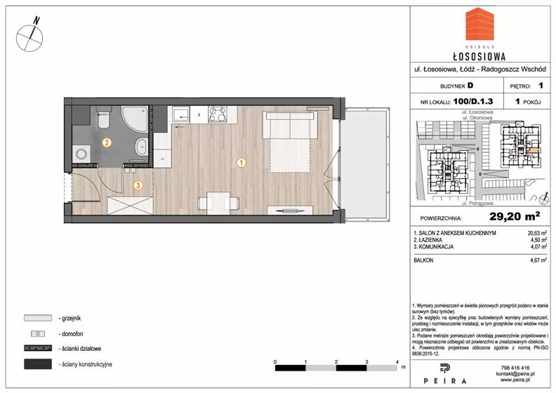 1 pokój, mieszkanie 29,20 m², piętro 1, oferta nr 100, Osiedle Łososiowa, Łódź, Bałuty, Radogoszcz, ul. Okoniowa 11-13