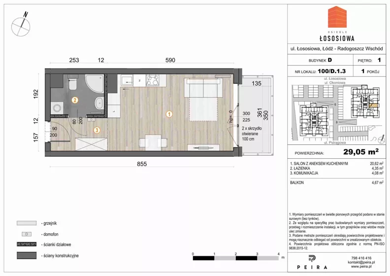 1 pokój, mieszkanie 29,20 m², piętro 1, oferta nr 100, Osiedle Łososiowa, Łódź, Bałuty, Radogoszcz, ul. Okoniowa 11-13