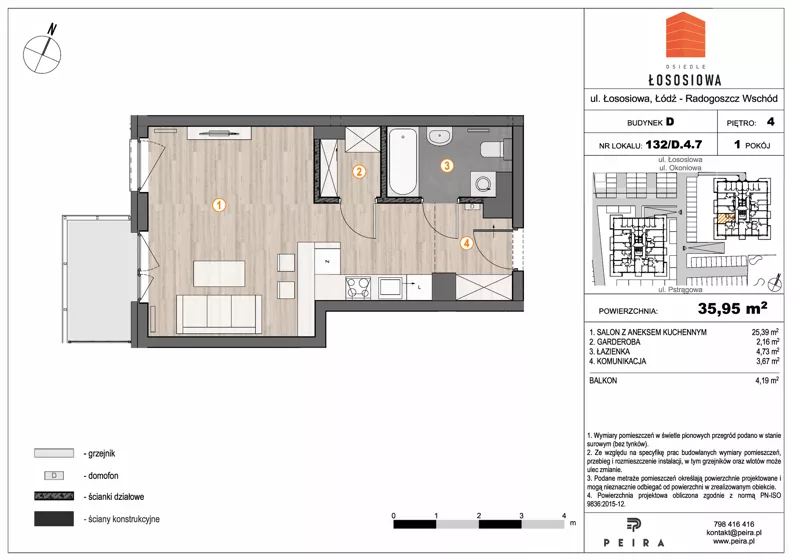 1 pokój, mieszkanie 35,95 m², piętro 4, oferta nr 132, Osiedle Łososiowa, Łódź, Bałuty, Radogoszcz, ul. Okoniowa 11-13