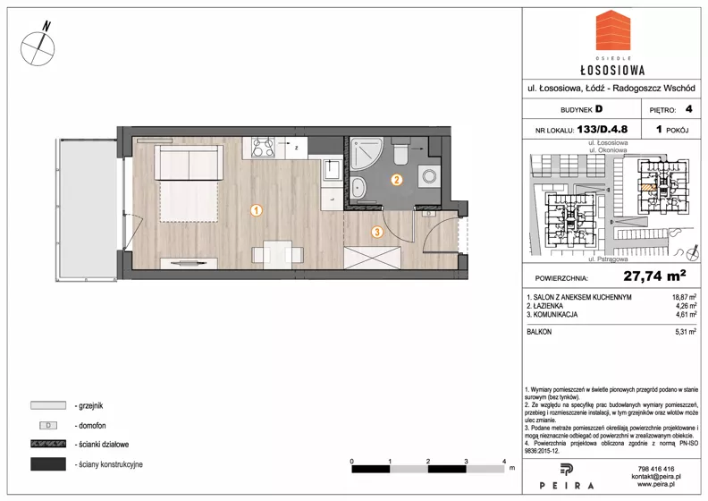 1 pokój, mieszkanie 27,74 m², piętro 4, oferta nr 133, Osiedle Łososiowa, Łódź, Bałuty, Radogoszcz, ul. Okoniowa 11-13