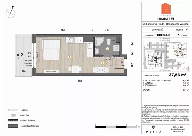 1 pokój, mieszkanie 27,74 m², piętro 4, oferta nr 133, Osiedle Łososiowa, Łódź, Bałuty, Radogoszcz, ul. Okoniowa 11-13