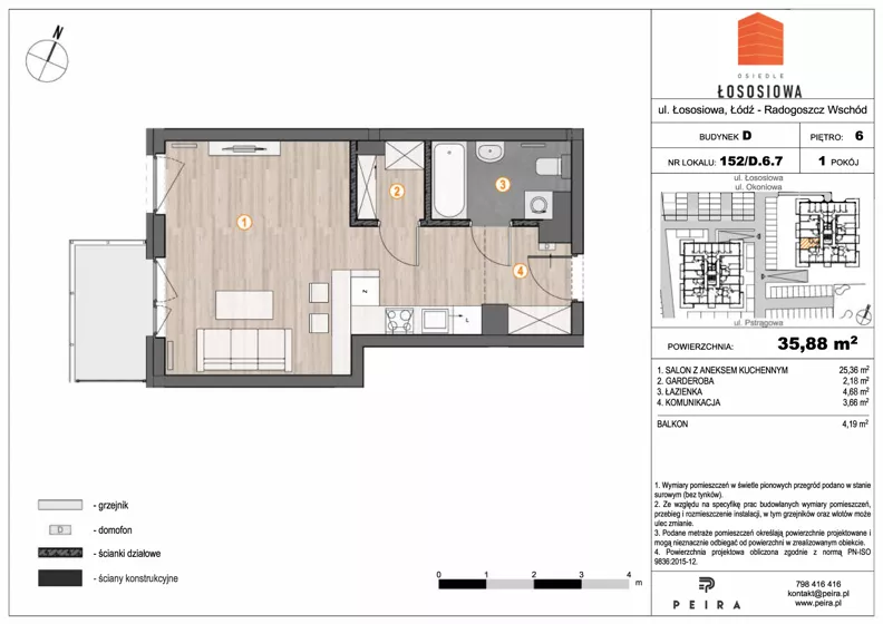 1 pokój, mieszkanie 35,88 m², piętro 6, oferta nr 152, Osiedle Łososiowa, Łódź, Bałuty, Radogoszcz, ul. Okoniowa 11-13