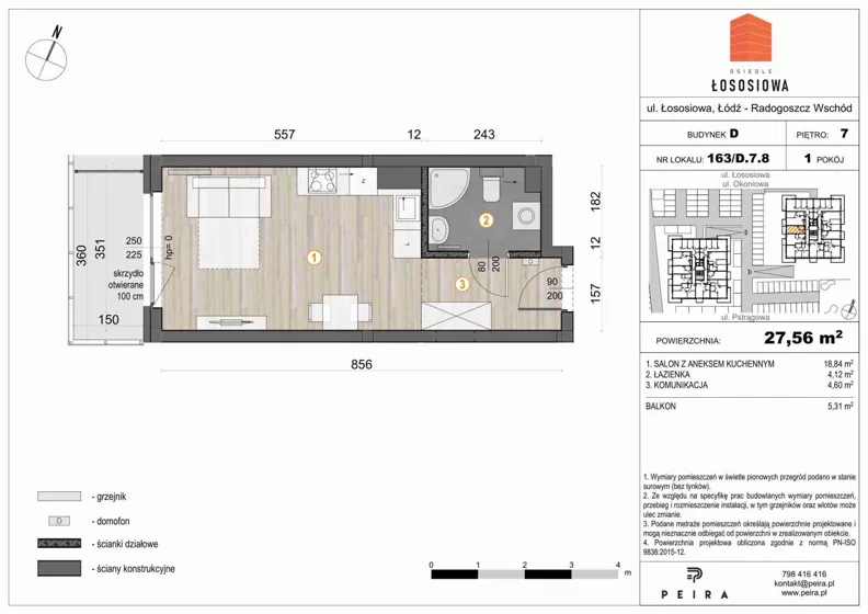 1 pokój, mieszkanie 27,68 m², piętro 7, oferta nr 163, Osiedle Łososiowa, Łódź, Bałuty, Radogoszcz, ul. Okoniowa 11-13