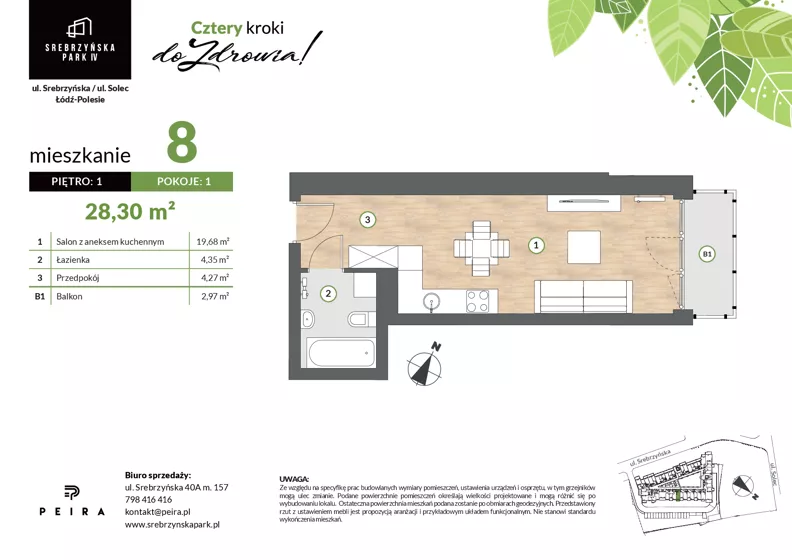 1 pokój, mieszkanie 28,30 m², piętro 1, oferta nr M08, Srebrzyńska Park IV, Łódź, Polesie, ul. Srebrzyńska 109