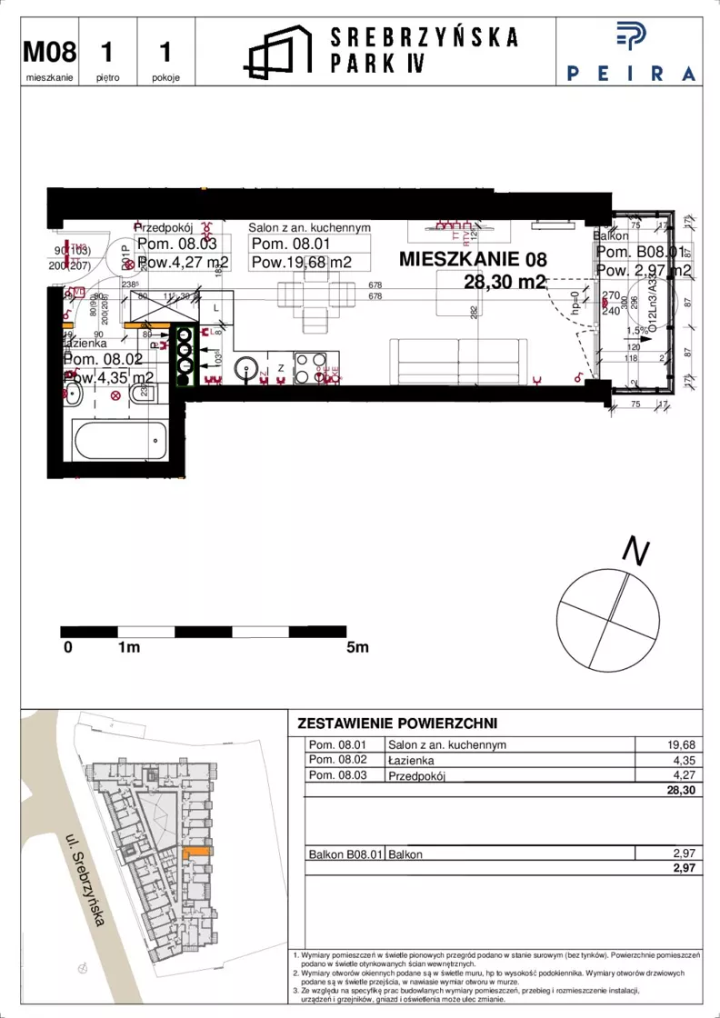 1 pokój, mieszkanie 28,30 m², piętro 1, oferta nr M08, Srebrzyńska Park IV, Łódź, Polesie, ul. Srebrzyńska 109