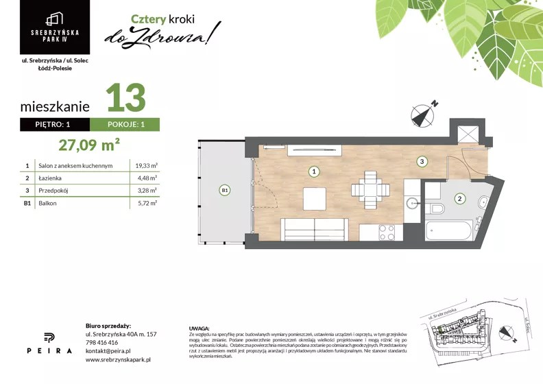 1 pokój, mieszkanie 27,09 m², piętro 1, oferta nr M13, Srebrzyńska Park IV, Łódź, Polesie, ul. Srebrzyńska 109