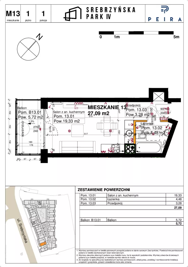 1 pokój, mieszkanie 27,09 m², piętro 1, oferta nr M13, Srebrzyńska Park IV, Łódź, Polesie, ul. Srebrzyńska 109