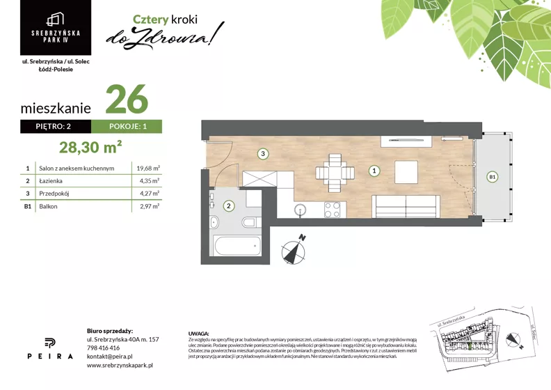 1 pokój, mieszkanie 28,30 m², piętro 2, oferta nr M26, Srebrzyńska Park IV, Łódź, Polesie, ul. Srebrzyńska 109