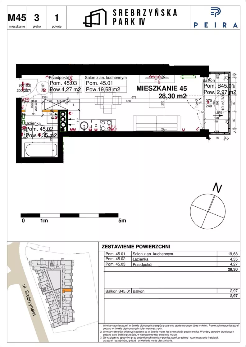 1 pokój, mieszkanie 28,30 m², piętro 3, oferta nr M45, Srebrzyńska Park IV, Łódź, Polesie, ul. Srebrzyńska 109