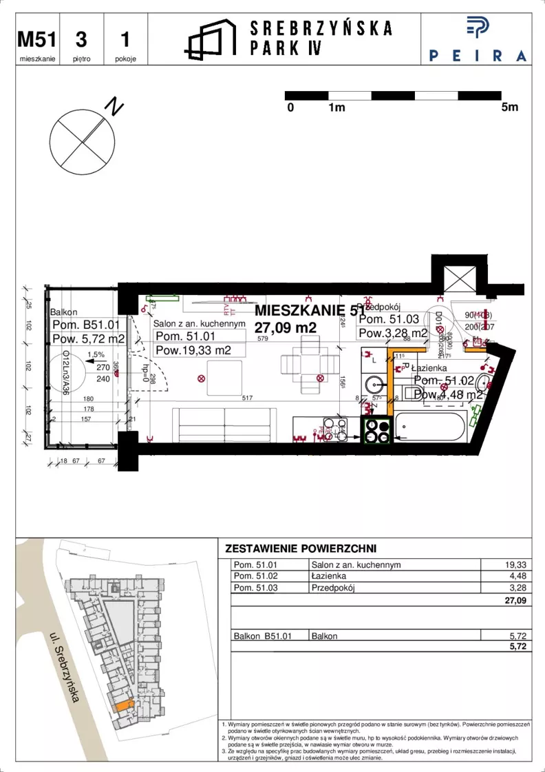 1 pokój, mieszkanie 27,09 m², piętro 3, oferta nr M51, Srebrzyńska Park IV, Łódź, Polesie, ul. Srebrzyńska 109
