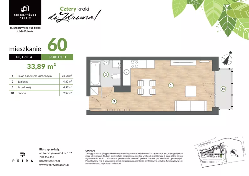 1 pokój, mieszkanie 33,89 m², piętro 4, oferta nr M60, Srebrzyńska Park IV, Łódź, Polesie, ul. Srebrzyńska 109