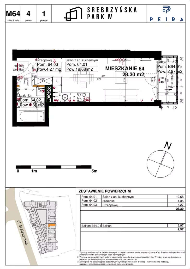 1 pokój, mieszkanie 28,30 m², piętro 4, oferta nr M64, Srebrzyńska Park IV, Łódź, Polesie, ul. Srebrzyńska 109