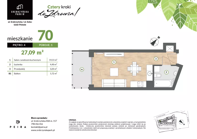1 pokój, mieszkanie 27,09 m², piętro 4, oferta nr M70, Srebrzyńska Park IV, Łódź, Polesie, ul. Srebrzyńska 109