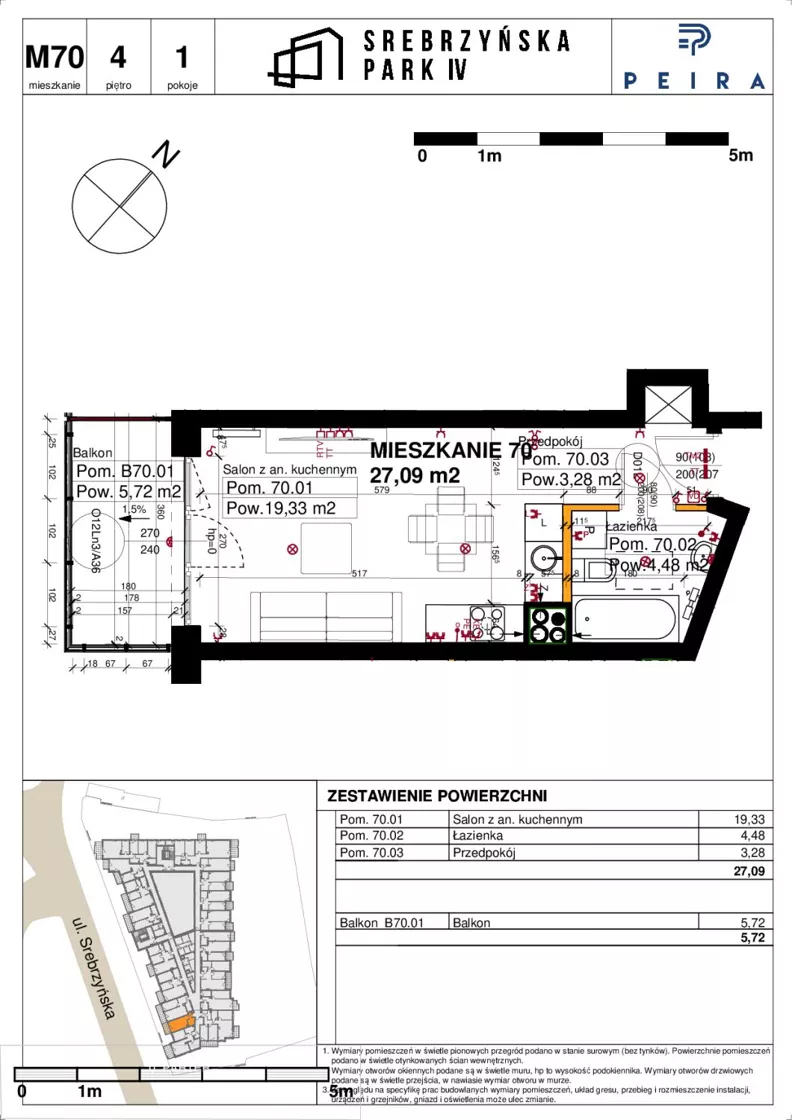 1 pokój, mieszkanie 27,09 m², piętro 4, oferta nr M70, Srebrzyńska Park IV, Łódź, Polesie, ul. Srebrzyńska 109