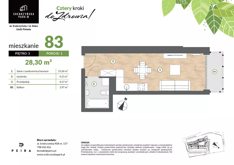 1 pokój, mieszkanie 28,30 m², piętro 5, oferta nr M83, Srebrzyńska Park IV, Łódź, Polesie, ul. Srebrzyńska 109