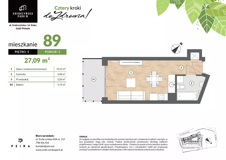 1 pokój, mieszkanie 27,09 m², piętro 5, oferta nr M89, Srebrzyńska Park IV, Łódź, Polesie, ul. Srebrzyńska 109