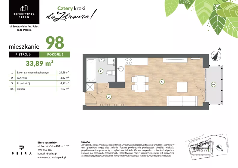 1 pokój, mieszkanie 33,89 m², piętro 6, oferta nr M98, Srebrzyńska Park IV, Łódź, Polesie, ul. Srebrzyńska 109