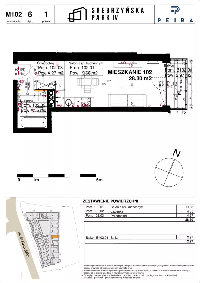 1 pokój, mieszkanie 28,30 m², piętro 6, oferta nr M102, Srebrzyńska Park IV, Łódź, Polesie, ul. Srebrzyńska 109