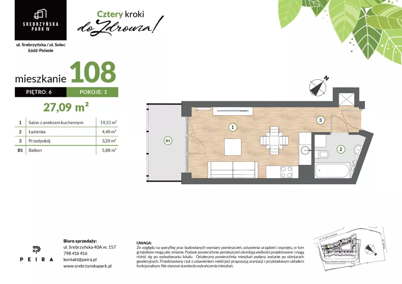 1 pokój, mieszkanie 27,09 m², piętro 6, oferta nr M108, Srebrzyńska Park IV, Łódź, Polesie, ul. Srebrzyńska 109