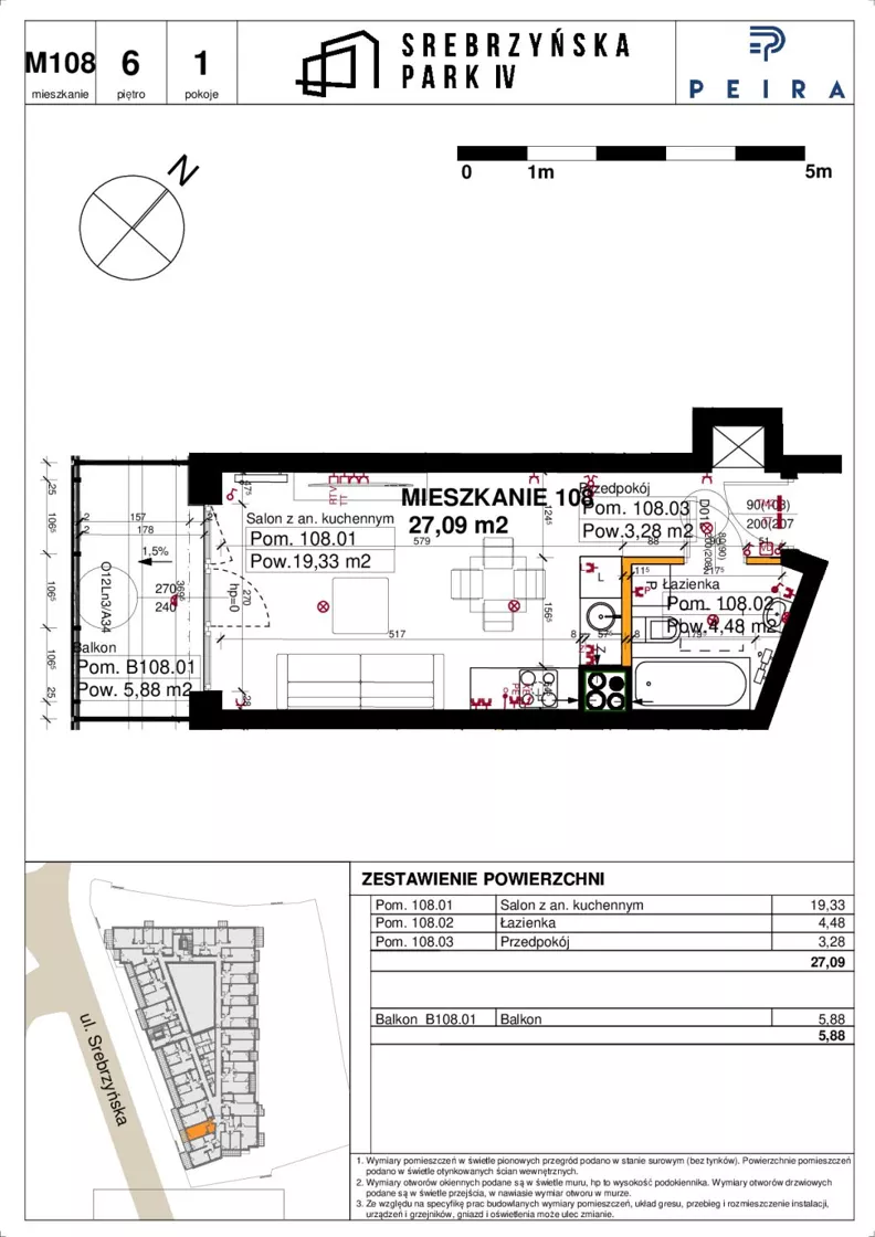 1 pokój, mieszkanie 27,09 m², piętro 6, oferta nr M108, Srebrzyńska Park IV, Łódź, Polesie, ul. Srebrzyńska 109