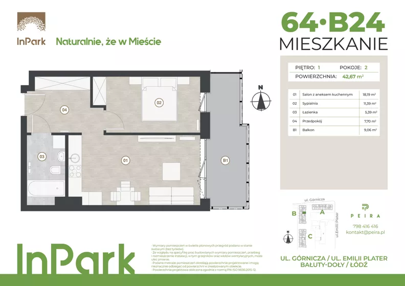 2 pokoje, mieszkanie 42,67 m², piętro 1, oferta nr 64, InPark, Łódź, Bałuty, ul. Górnicza 31