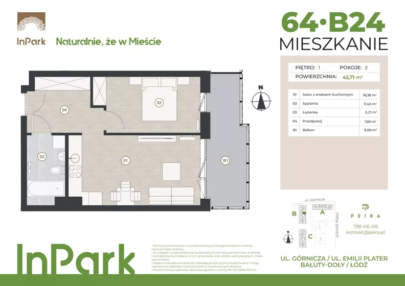 2 pokoje, mieszkanie 42,67 m², piętro 1, oferta nr 64, InPark, Łódź, Bałuty, ul. Górnicza 31