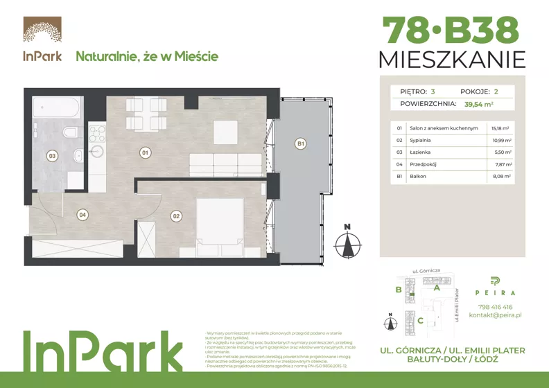 2 pokoje, mieszkanie 39,43 m², piętro 3, oferta nr 78, InPark, Łódź, Bałuty, ul. Górnicza 31