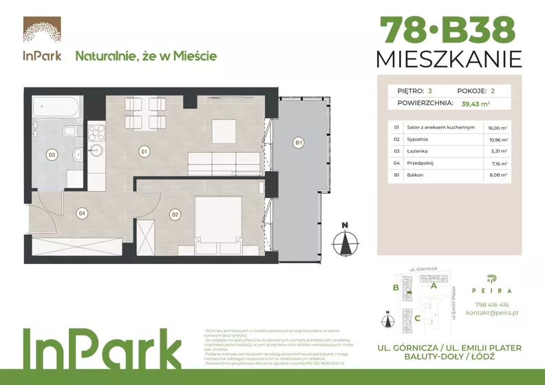 2 pokoje, mieszkanie 39,43 m², piętro 3, oferta nr 78, InPark, Łódź, Bałuty, ul. Górnicza 31