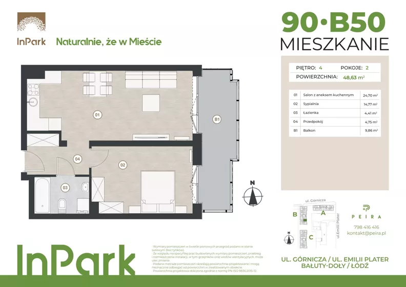 2 pokoje, mieszkanie 48,67 m², piętro 4, oferta nr 90, InPark, Łódź, Bałuty, ul. Górnicza 31