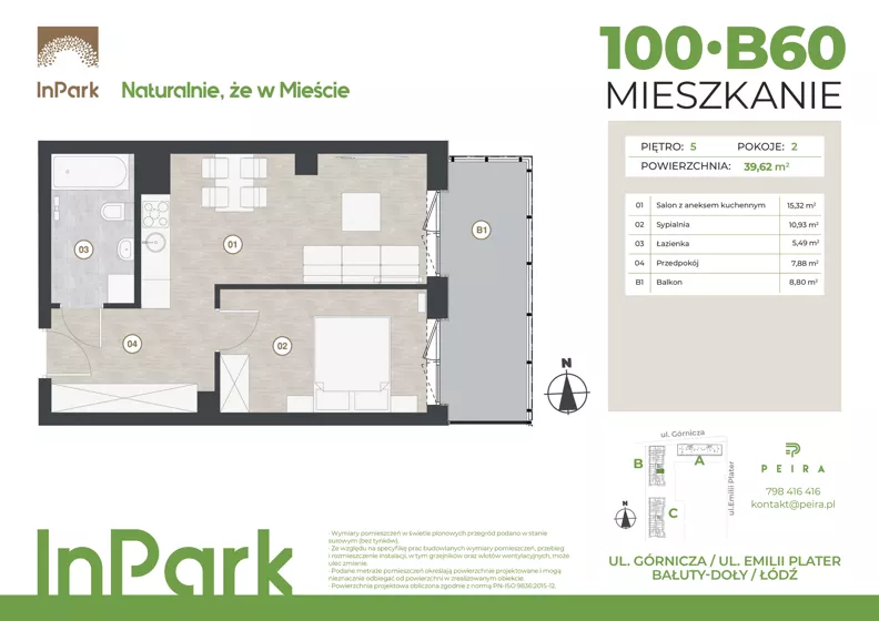 2 pokoje, mieszkanie 39,62 m², piętro 5, oferta nr 100, InPark, Łódź, Bałuty, ul. Górnicza 31