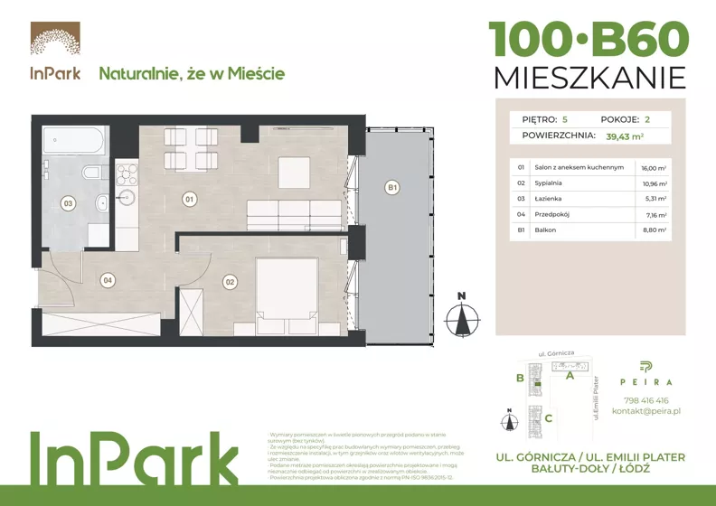2 pokoje, mieszkanie 39,62 m², piętro 5, oferta nr 100, InPark, Łódź, Bałuty, ul. Górnicza 31