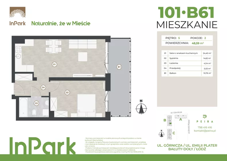 2 pokoje, mieszkanie 48,59 m², piętro 5, oferta nr 101, InPark, Łódź, Bałuty, ul. Górnicza 31