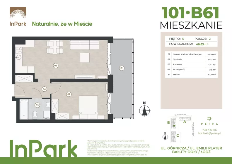 2 pokoje, mieszkanie 48,59 m², piętro 5, oferta nr 101, InPark, Łódź, Bałuty, ul. Górnicza 31
