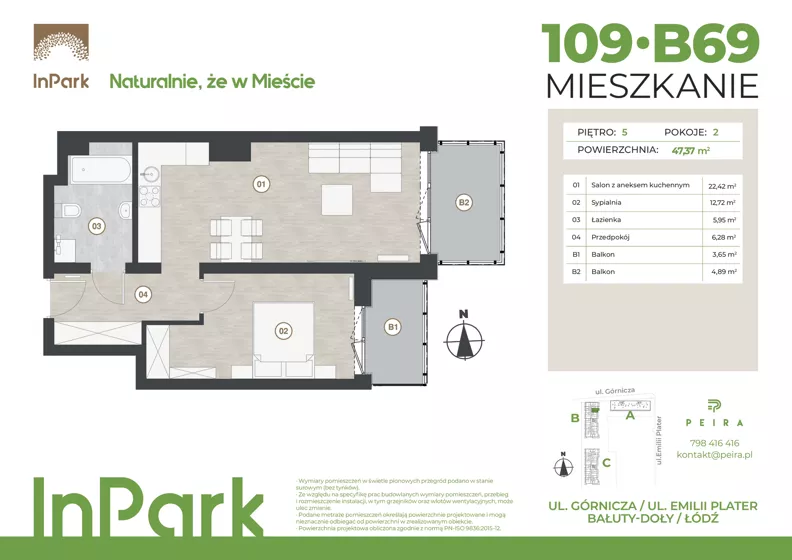 2 pokoje, mieszkanie 47,37 m², piętro 5, oferta nr 109, InPark, Łódź, Bałuty, ul. Górnicza 31