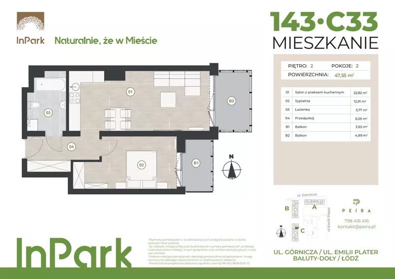 2 pokoje, mieszkanie 47,52 m², piętro 2, oferta nr 143, InPark, Łódź, Bałuty, ul. Emilii Plater / ul. Górnicza