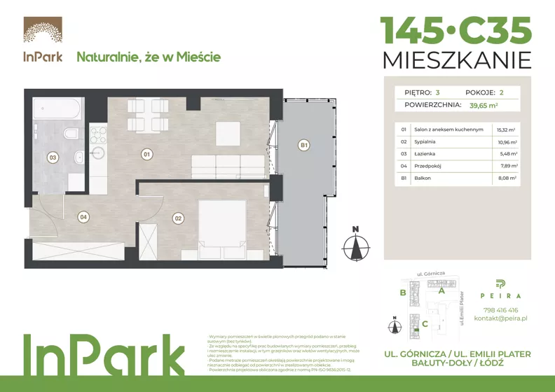 2 pokoje, mieszkanie 39,65 m², piętro 3, oferta nr 145, InPark, Łódź, Bałuty, ul. Górnicza 31