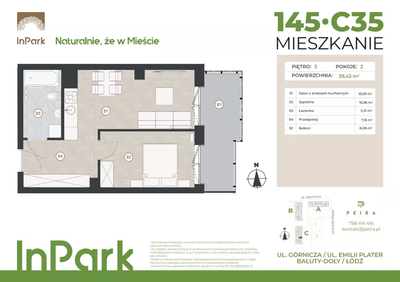 2 pokoje, mieszkanie 39,65 m², piętro 3, oferta nr 145, InPark, Łódź, Bałuty, ul. Górnicza 31