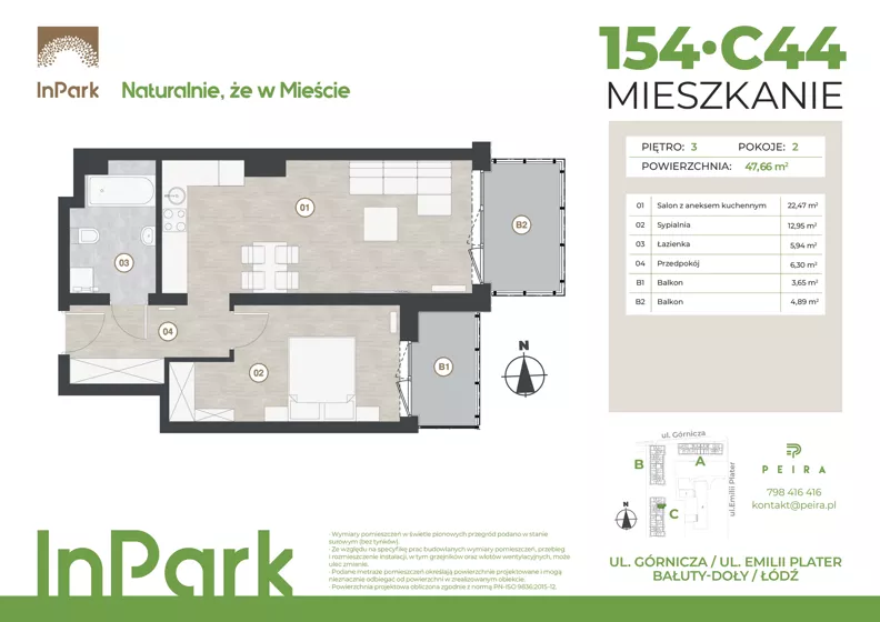 2 pokoje, mieszkanie 47,66 m², piętro 3, oferta nr 154, InPark, Łódź, Bałuty, ul. Górnicza 31