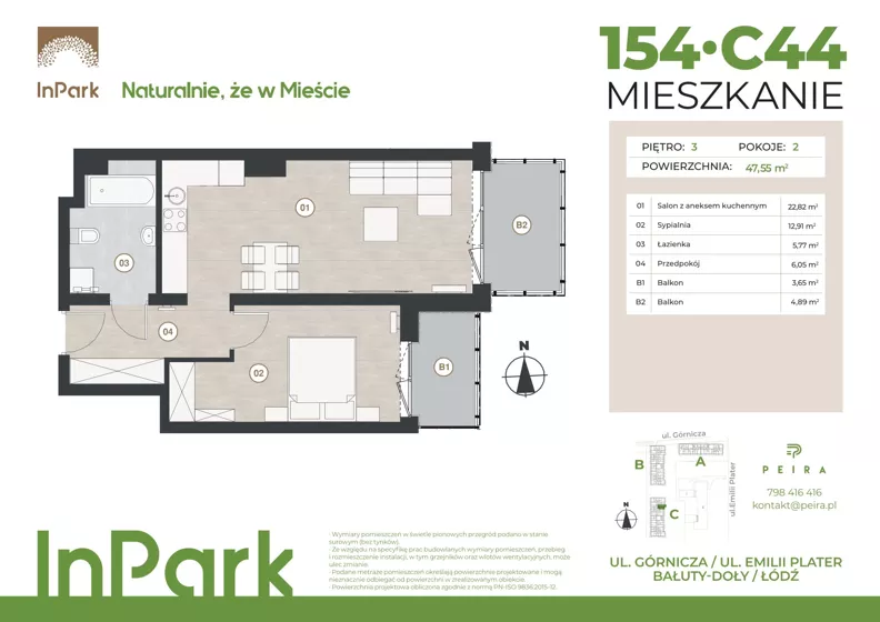 2 pokoje, mieszkanie 47,66 m², piętro 3, oferta nr 154, InPark, Łódź, Bałuty, ul. Górnicza 31