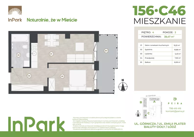 2 pokoje, mieszkanie 39,47 m², piętro 4, oferta nr 156, InPark, Łódź, Bałuty, ul. Górnicza 31