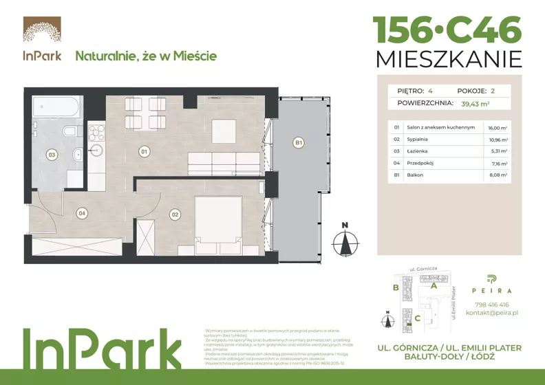 2 pokoje, mieszkanie 39,47 m², piętro 4, oferta nr 156, InPark, Łódź, Bałuty, ul. Górnicza 31