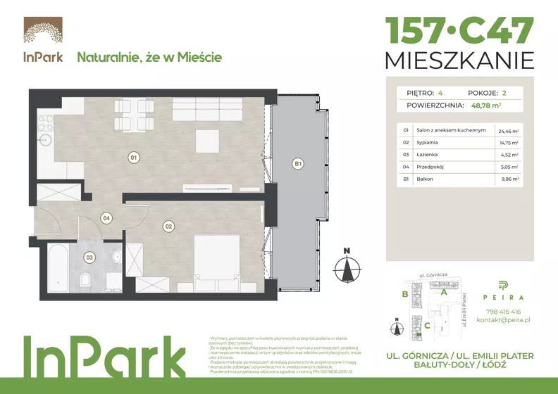 2 pokoje, mieszkanie 48,78 m², piętro 4, oferta nr 157, InPark, Łódź, Bałuty, ul. Górnicza 31