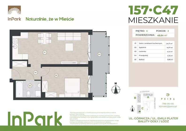 2 pokoje, mieszkanie 48,78 m², piętro 4, oferta nr 157, InPark, Łódź, Bałuty, ul. Górnicza 31